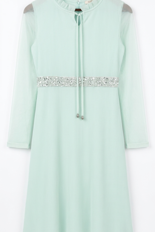 Girls' Pastel Mint Pleated Dress with Embellished Waist