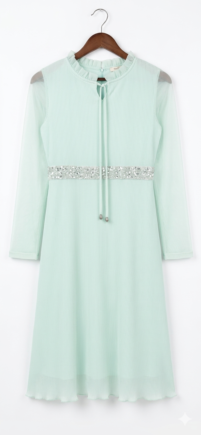 Girls' Pastel Mint Pleated Dress with Embellished Waist