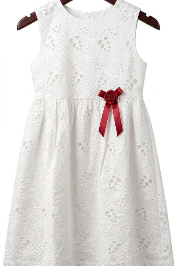 Girls' White Embroidered Eyelet Dress with Red Bow Detail
