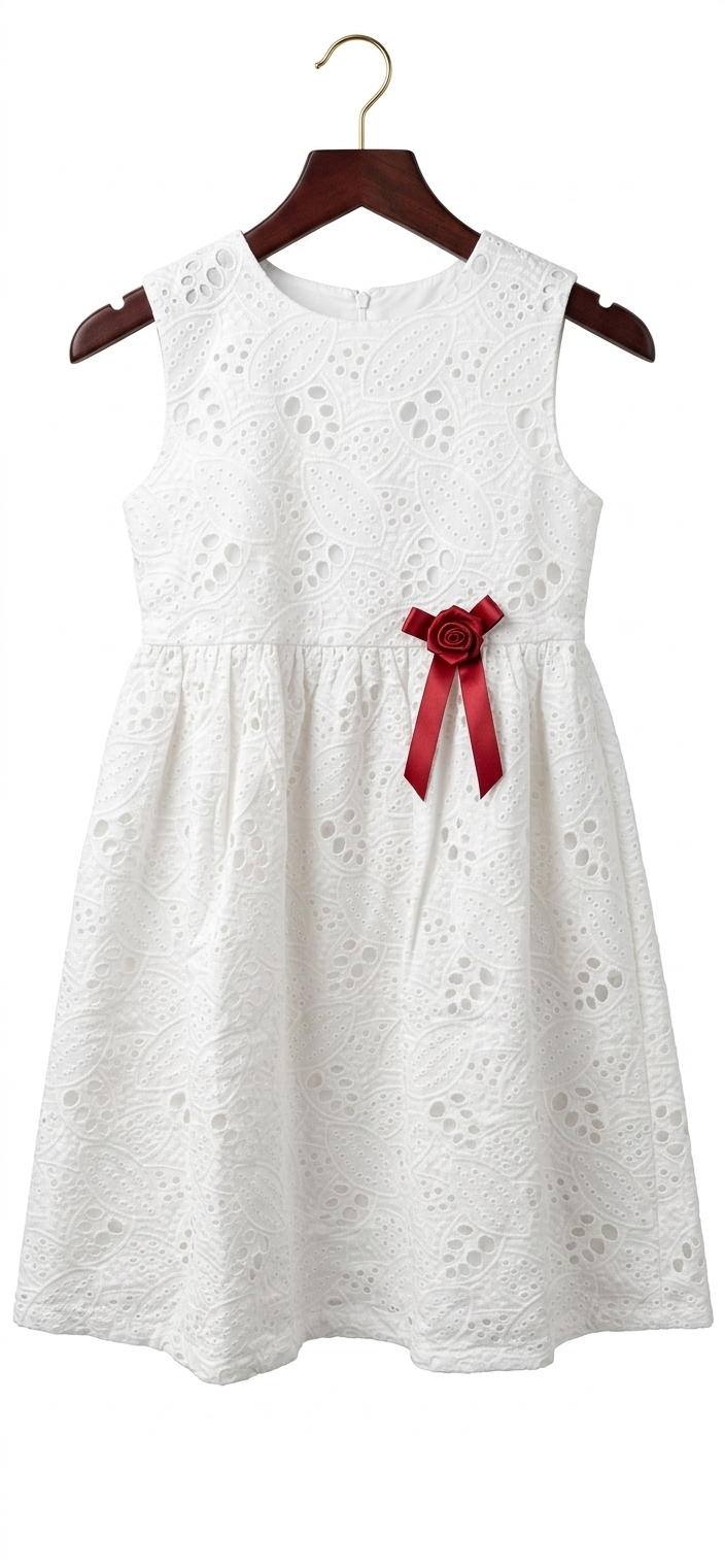 Girls' White Embroidered Eyelet Dress with Red Bow Detail