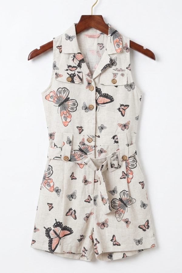 Girls' Butterfly Print Sleeveless Playsuit with Belt Detail