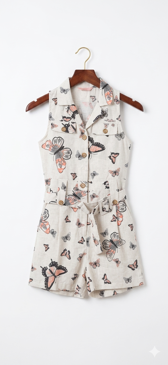 Girls' Butterfly Print Sleeveless Playsuit with Belt Detail