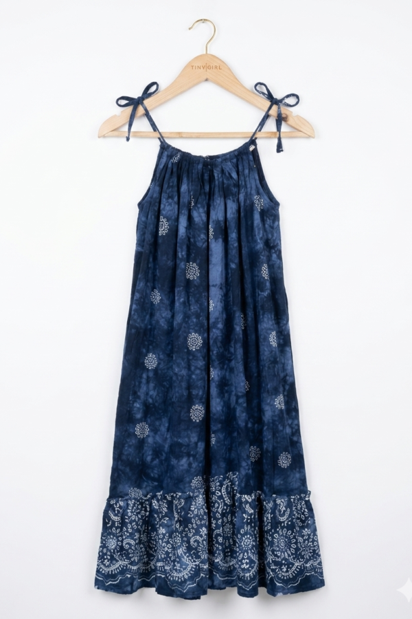 Girls' Navy Blue Tie-Dye Print A-Line Midi Dress