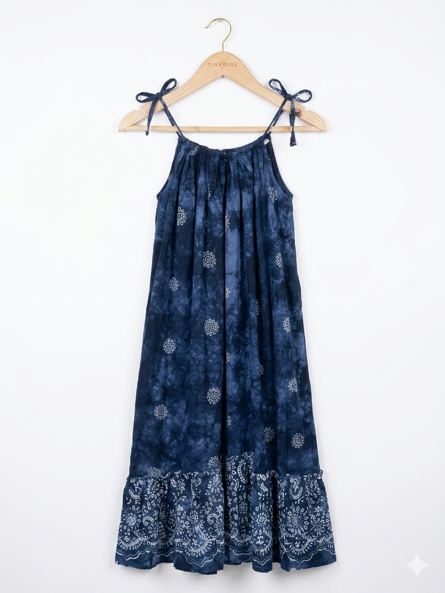 Girls' Navy Blue Tie-Dye Print A-Line Midi Dress