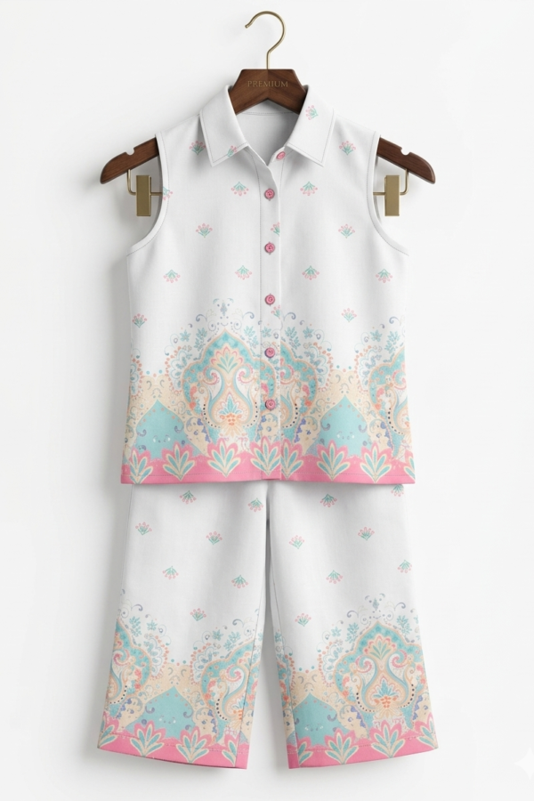 Girls' White Ethnic Print Sleeveless Shirt and Trouser Co-ord Set