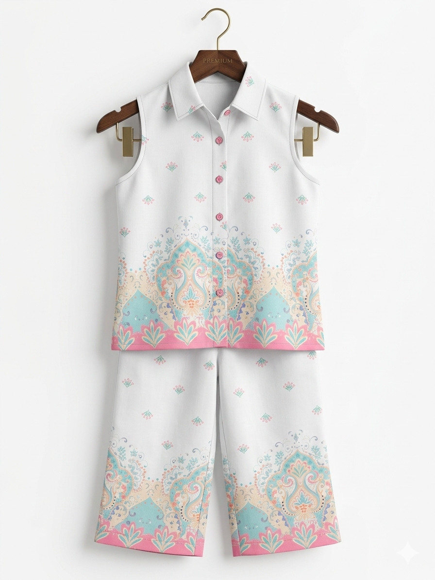Girls' White Ethnic Print Sleeveless Shirt and Trouser Co-ord Set