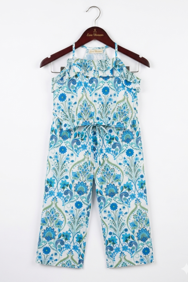 Girls' Blue Ethnic Print Ruffled Crop Top and Trouser Set