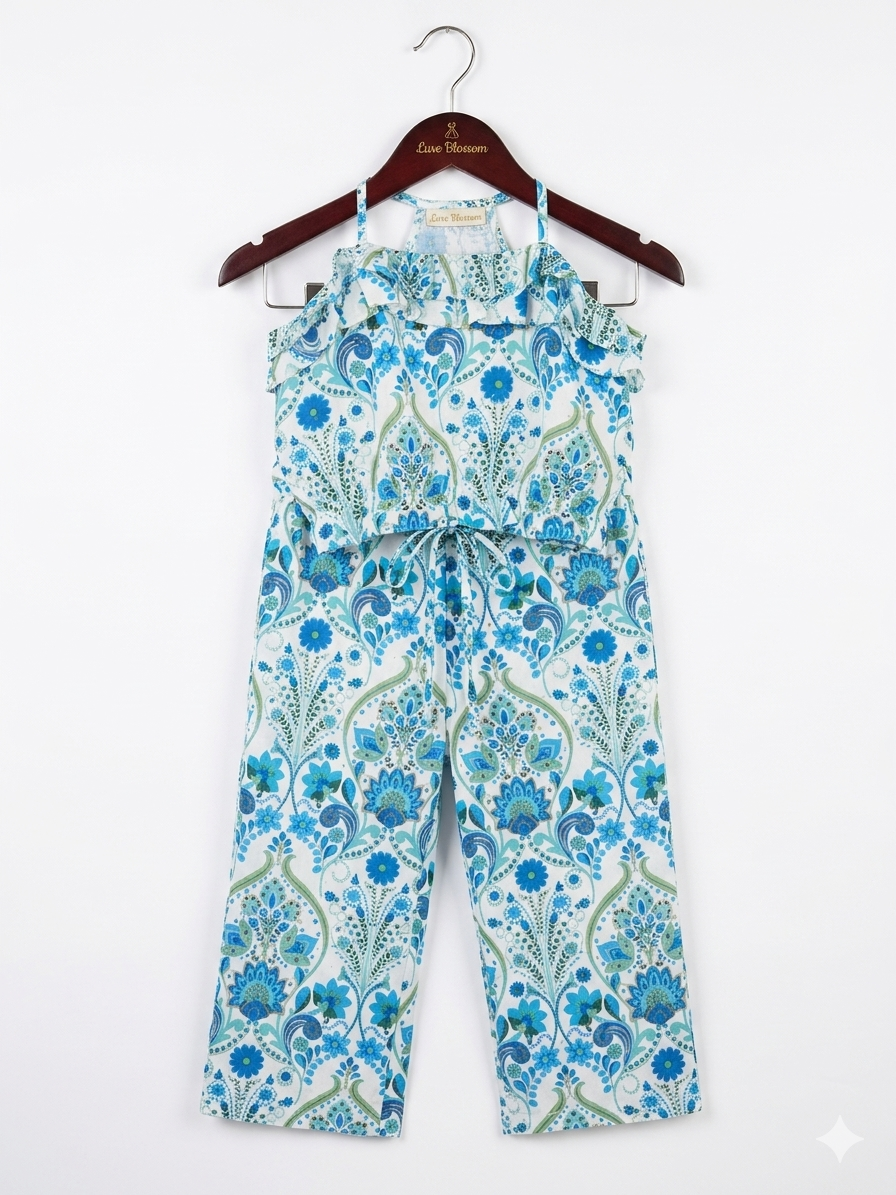 Girls' Blue Ethnic Print Ruffled Crop Top and Trouser Set