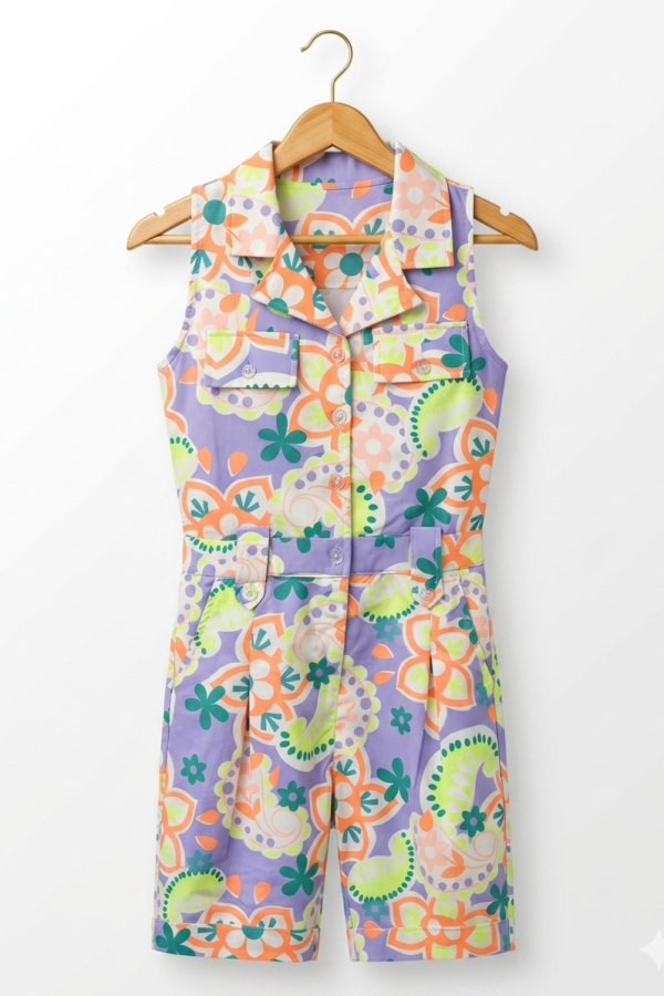 Girls' Multicolor Floral Print Collared Playsuit