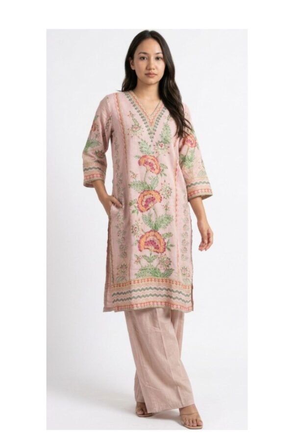 Blush Pink Linen-Silk Embroidered Kurta Set