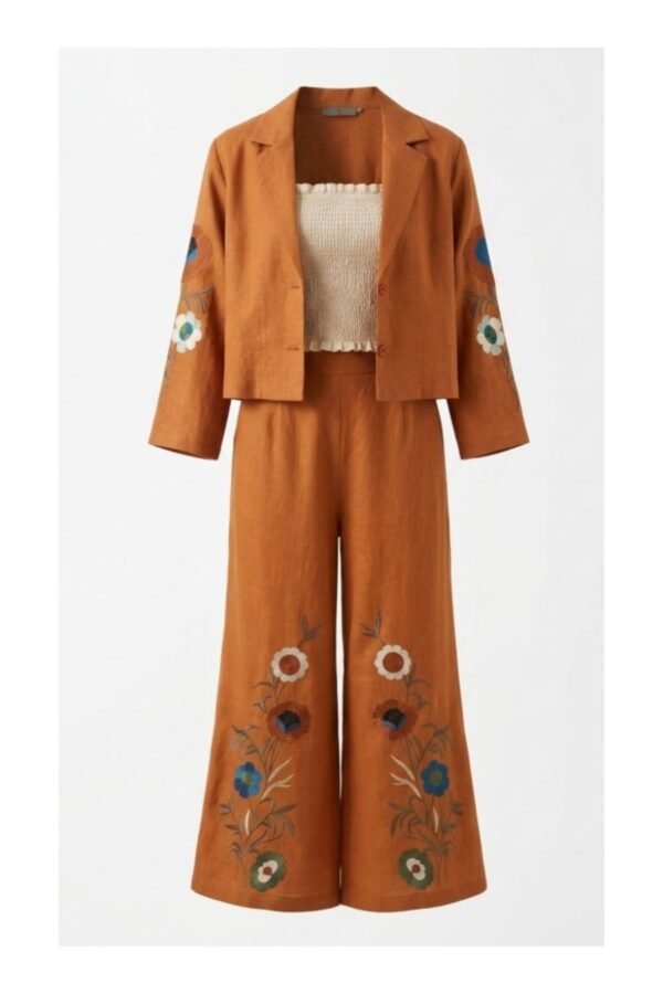 Rust Tan Linen 3-Piece Blazer & Palazzo Co-ord Set