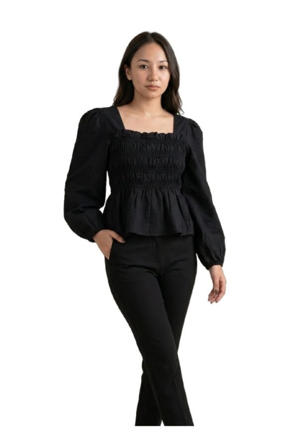 Black Smocked Square Neck Top