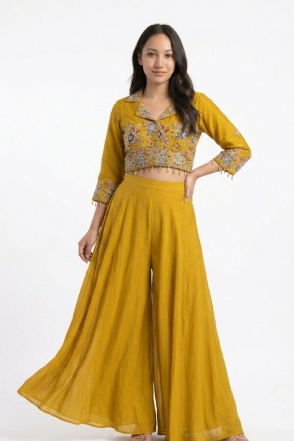 Mustard Yellow Embroidered Crop Shirt and Flared Palazzo Set