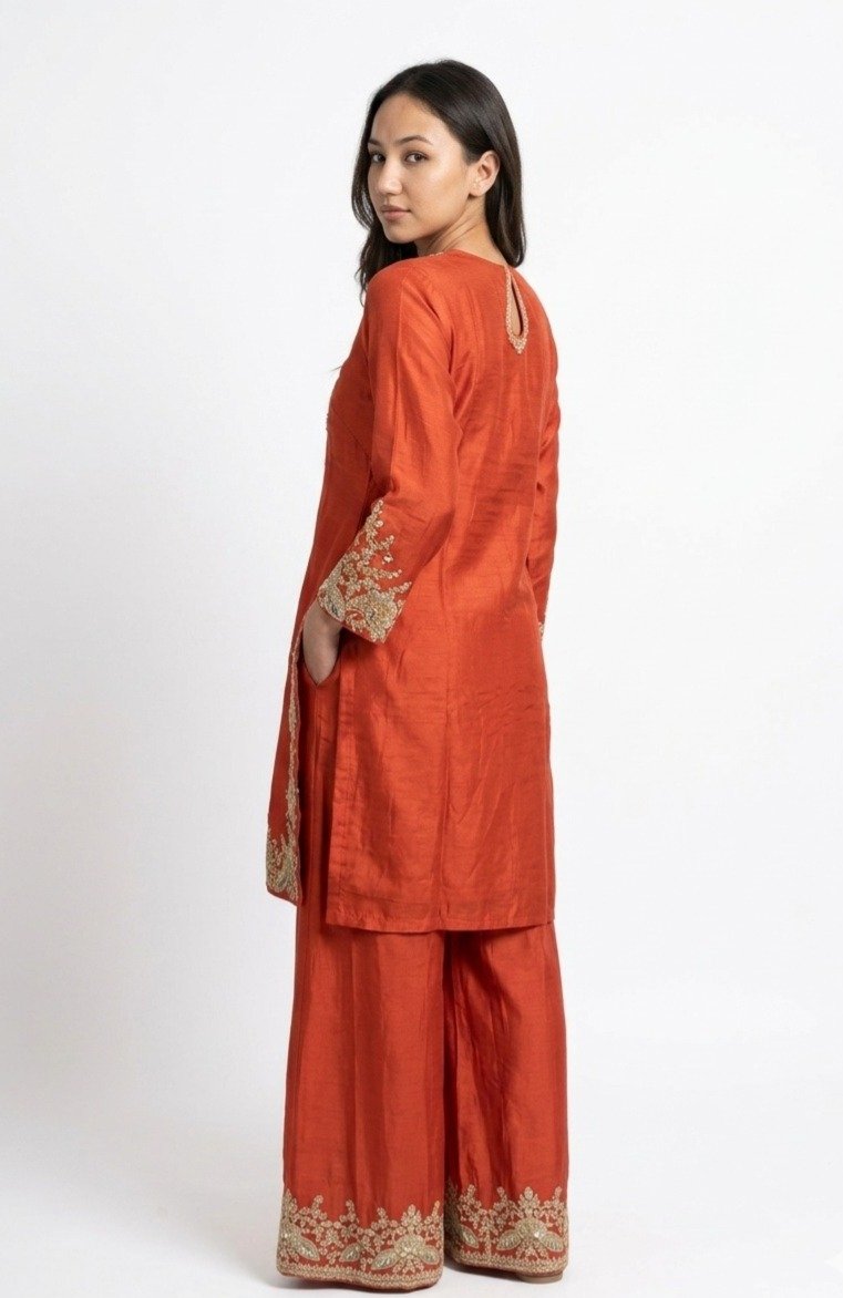 Rust Orange Chanderi Silk Kurta Salwar Set - Image 2