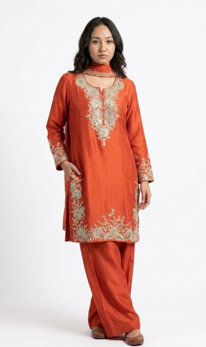 Rust Orange Chanderi Silk Kurta Salwar Set