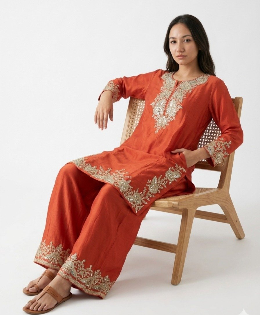 Rust Orange Chanderi Silk Kurta Salwar Set - Image 3