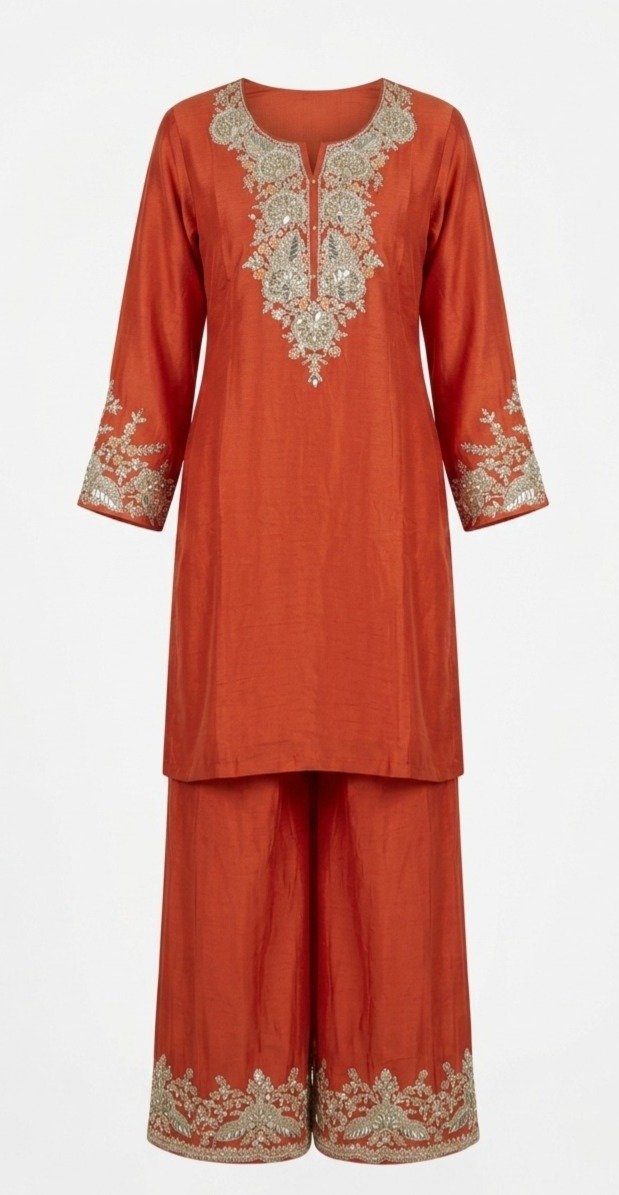 Rust Orange Chanderi Silk Kurta Salwar Set - Image 4