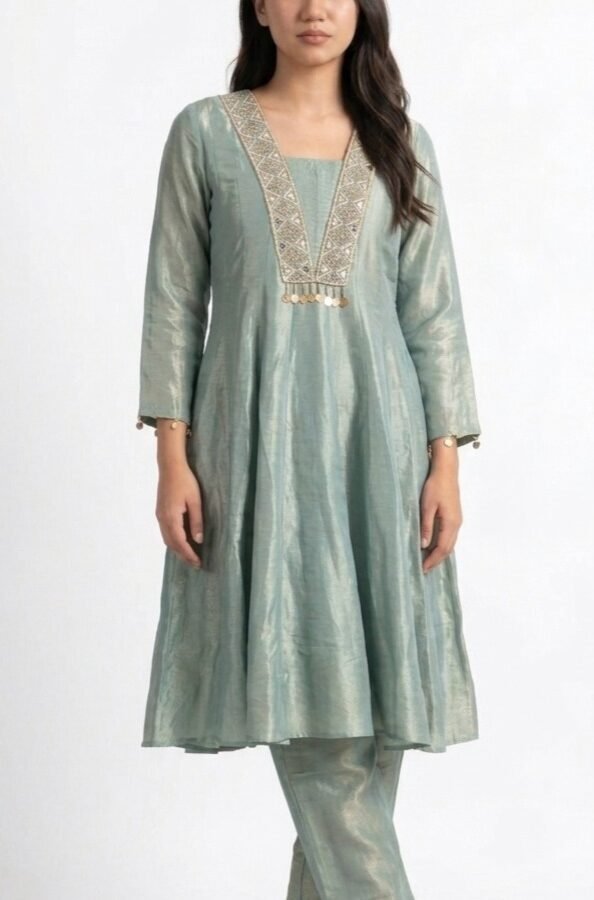 Sea Green Metallic Tissue Silk Anarkali Set