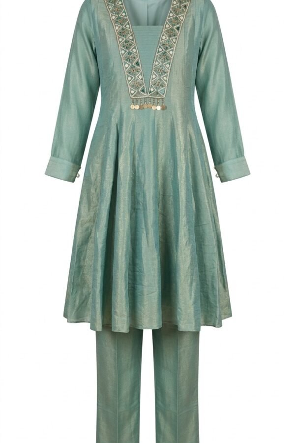 Sea Green Metallic Tissue Silk Anarkali Set