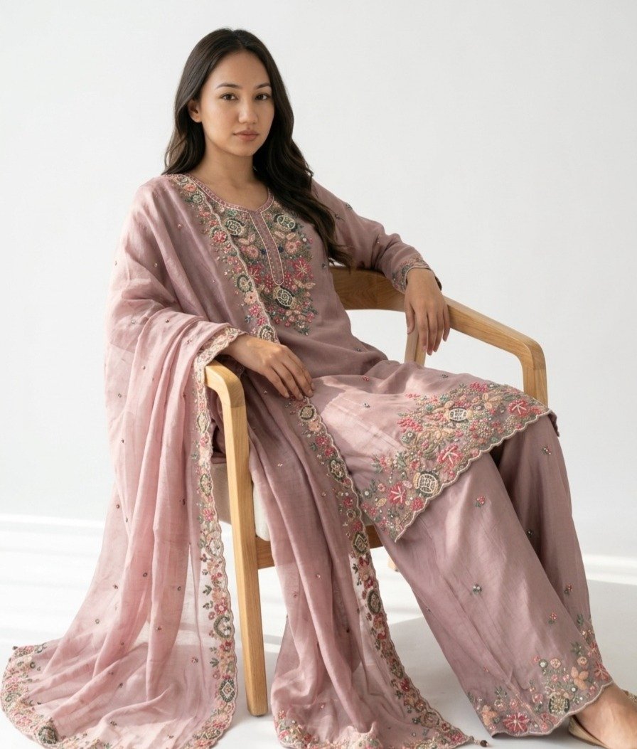 Mauve Pink Chanderi Silk Palazzo Suit - Image 3
