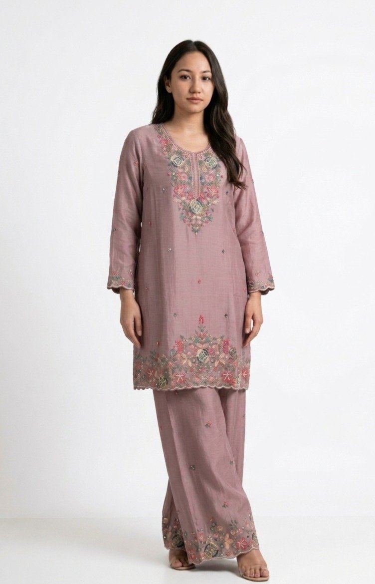 Mauve Pink Chanderi Silk Palazzo Suit