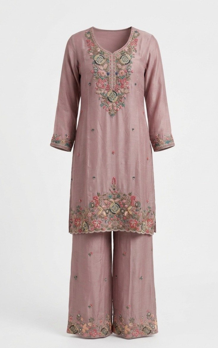 Mauve Pink Chanderi Silk Palazzo Suit - Image 4
