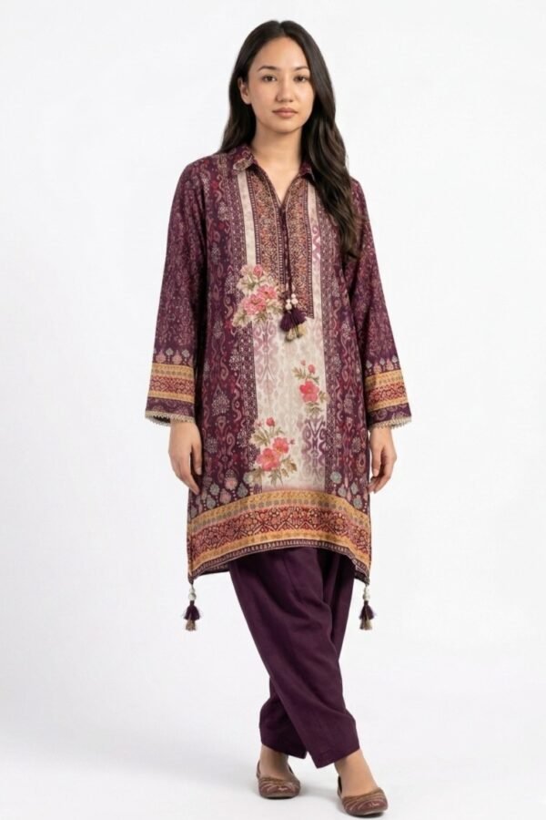 Wine Purple Silk Printed Kurta Set with Tulip Salwar Pants