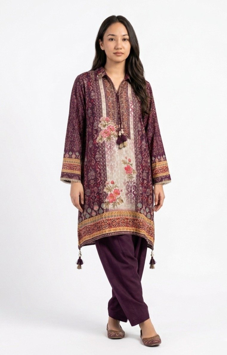 Wine Purple Silk Printed Kurta Set with Tulip Salwar Pants
