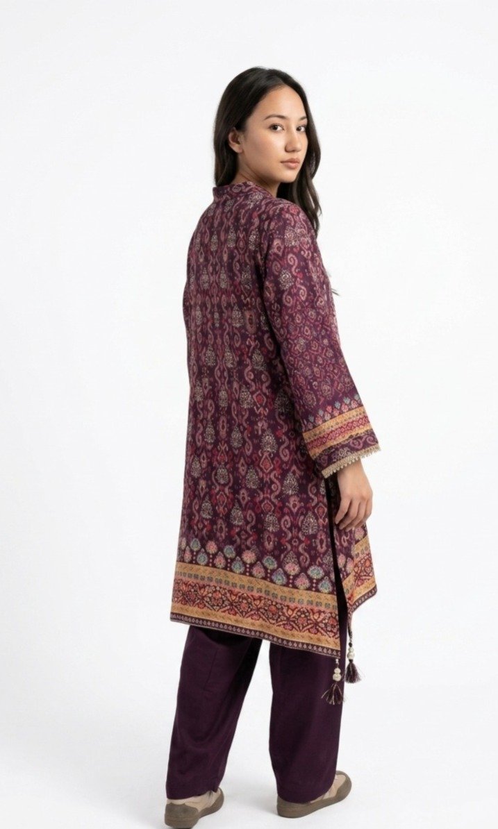Wine Purple Silk Printed Kurta Set with Tulip Salwar Pants - Image 2