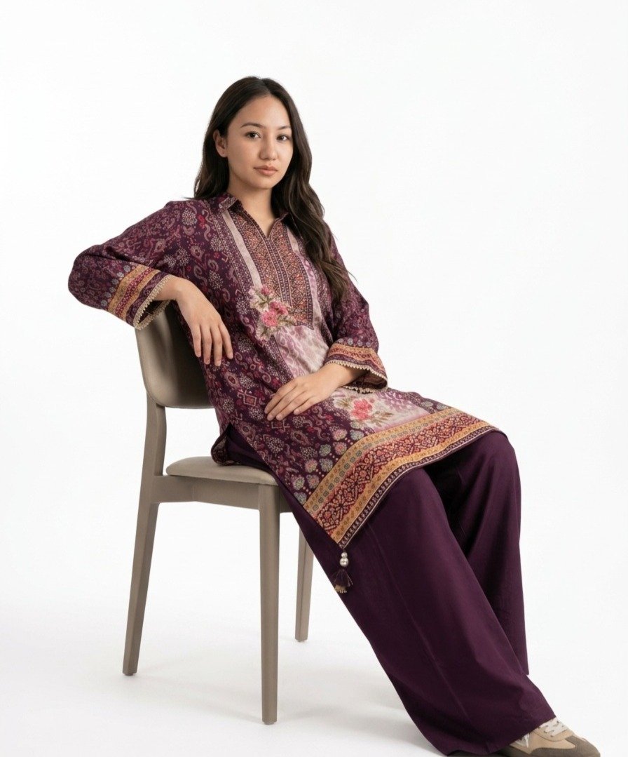 Wine Purple Silk Printed Kurta Set with Tulip Salwar Pants - Image 3