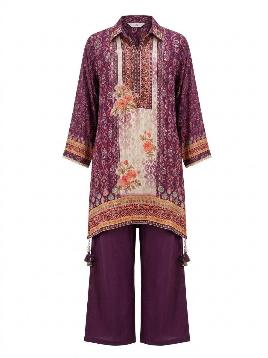 Wine Purple Silk Printed Kurta Set with Tulip Salwar Pants - Image 4