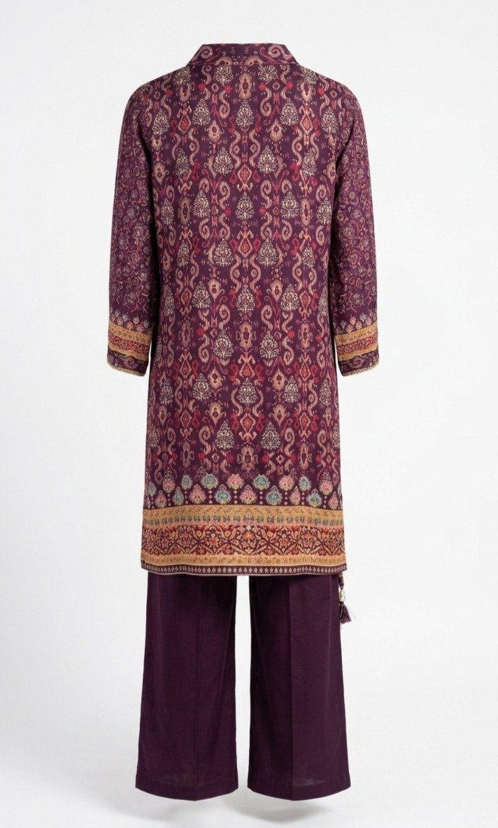 Wine Purple Silk Printed Kurta Set with Tulip Salwar Pants - Image 5