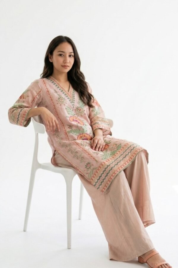 Blush Pink Linen-Silk Embroidered Kurta Set