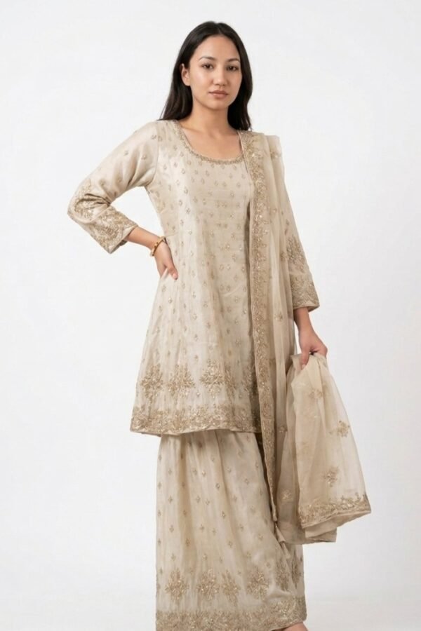 Beige Gold Tissue Silk Sharara Set