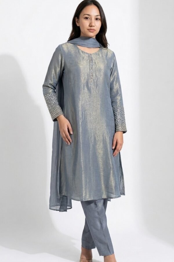 Steel Grey Metallic Tissue Silk Kurta Set