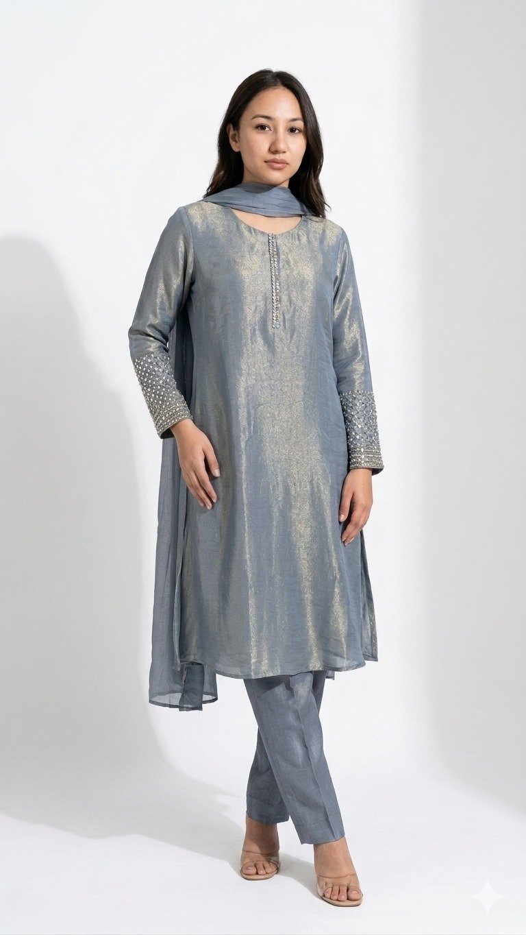 Steel Grey Metallic Tissue Silk Kurta Set