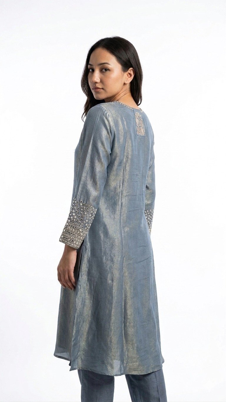 Steel Grey Metallic Tissue Silk Kurta Set - Image 2