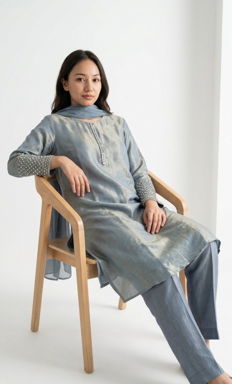Steel Grey Metallic Tissue Silk Kurta Set - Image 3