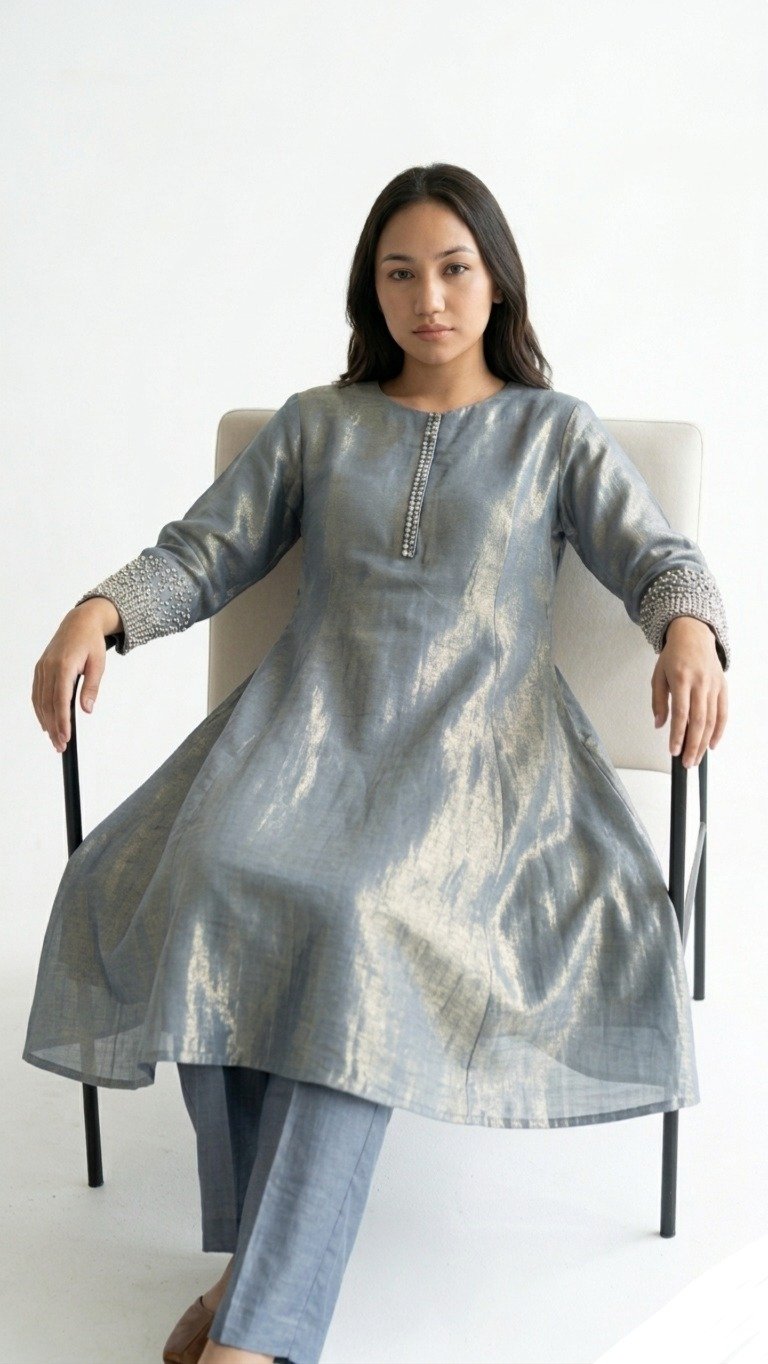 Steel Grey Metallic Tissue Silk Kurta Set - Image 4