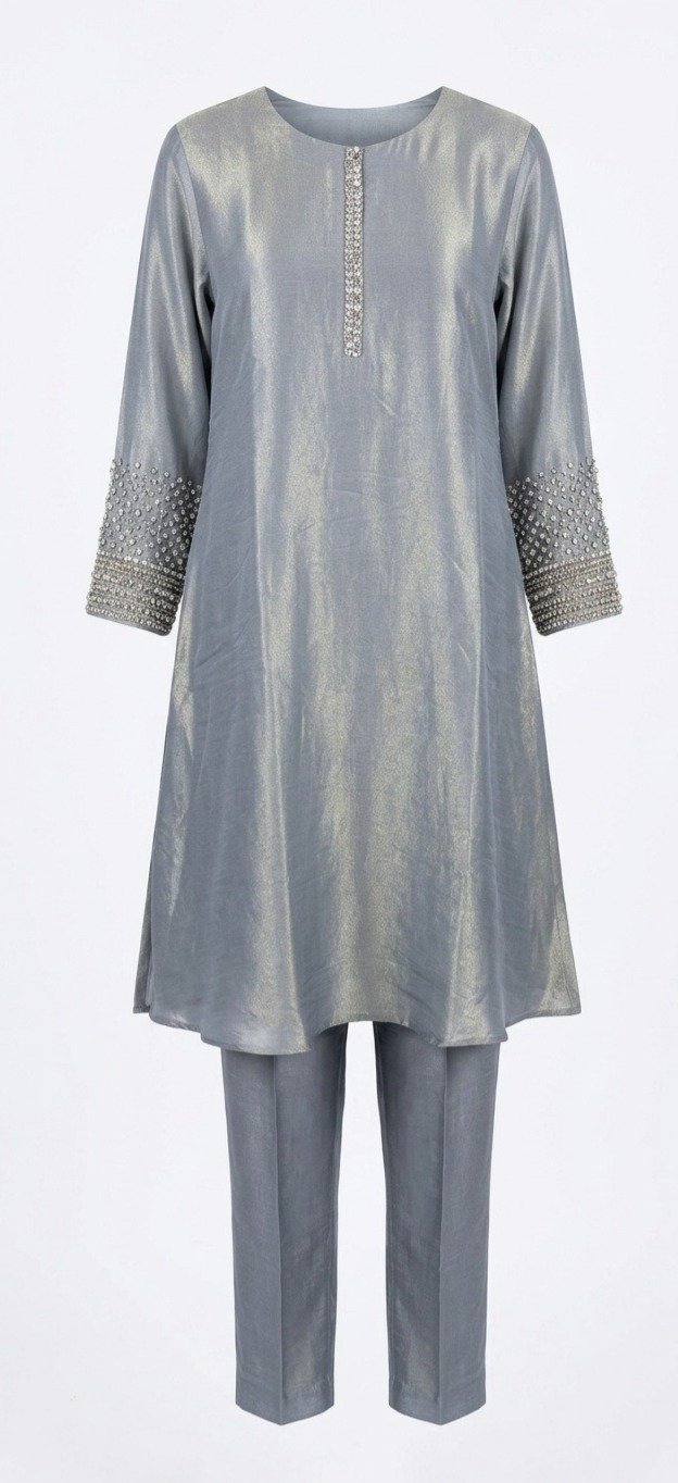 Steel Grey Metallic Tissue Silk Kurta Set - Image 5
