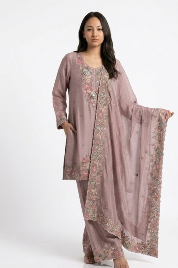 Mauve Pink Chanderi Silk Palazzo Suit