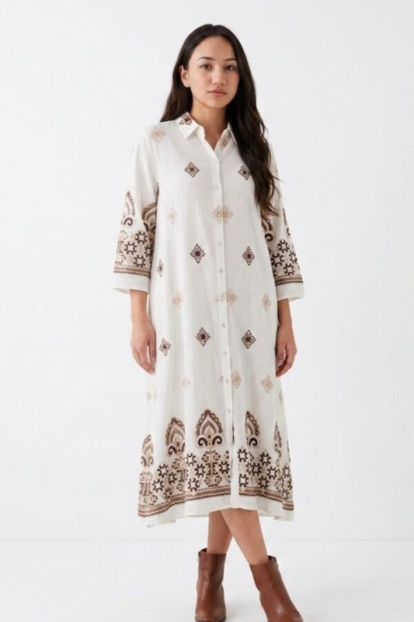 Off-White Cotton Printed Shirt Dress