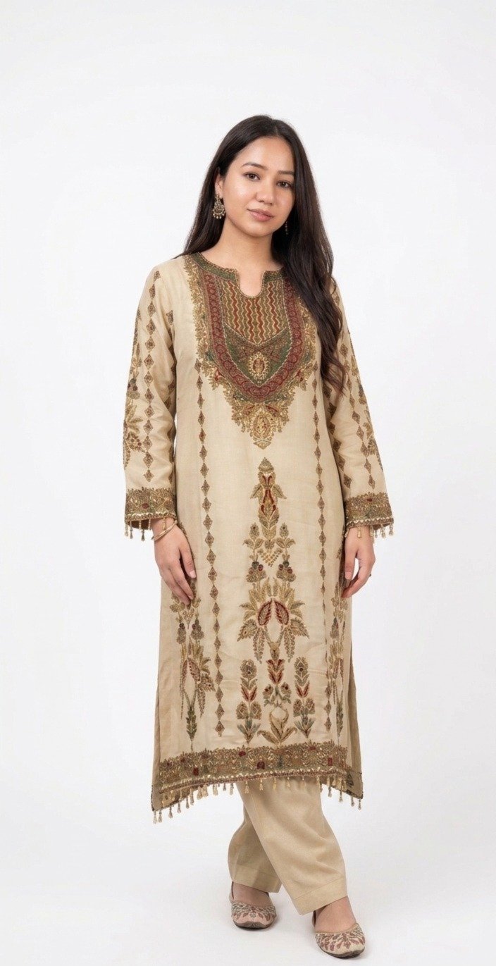 Beige Gold Chanderi Silk Kurta Set