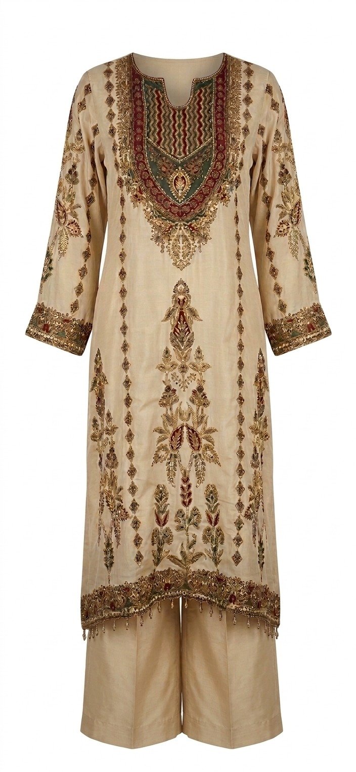 Beige Gold Chanderi Silk Kurta Set - Image 2