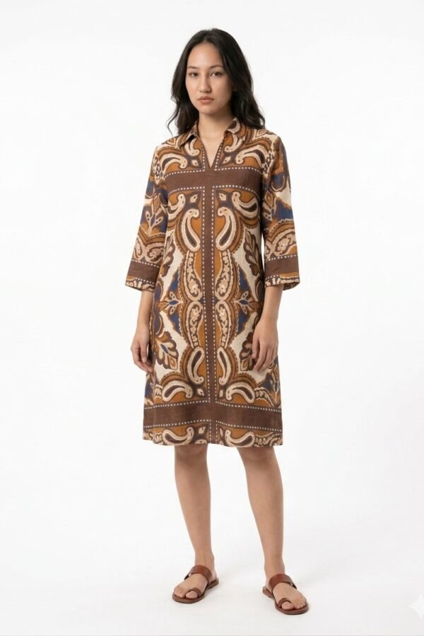 Brown Cotton Linen Paisley Print Shift Dress
