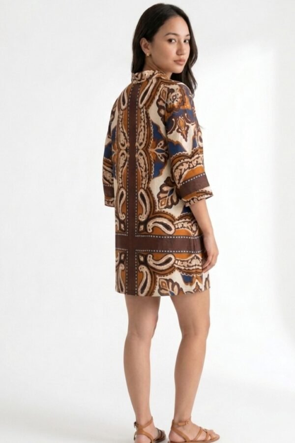 Brown Cotton Linen Paisley Print Shift Dress