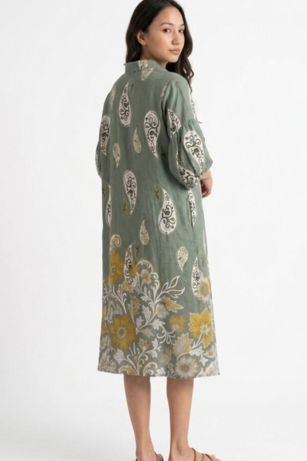 Sage Green Cotton Linen Paisley Shirt Dress
