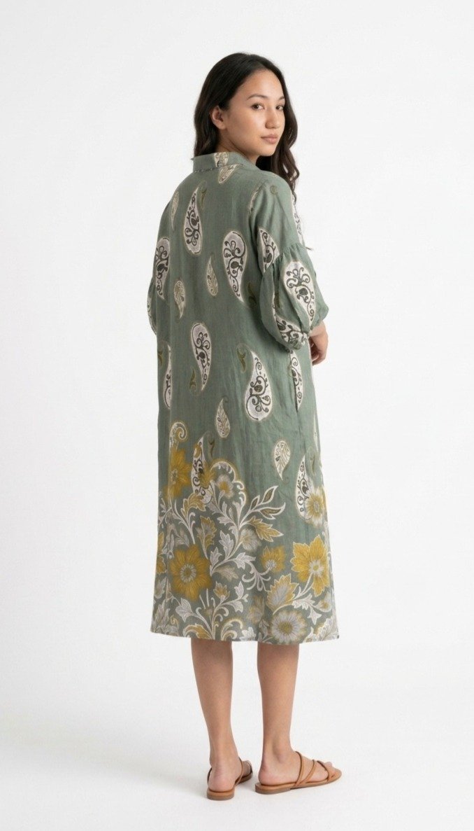 Sage Green Cotton Linen Paisley Shirt Dress - Image 2