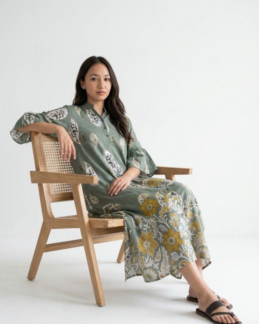 Sage Green Cotton Linen Paisley Shirt Dress - Image 3