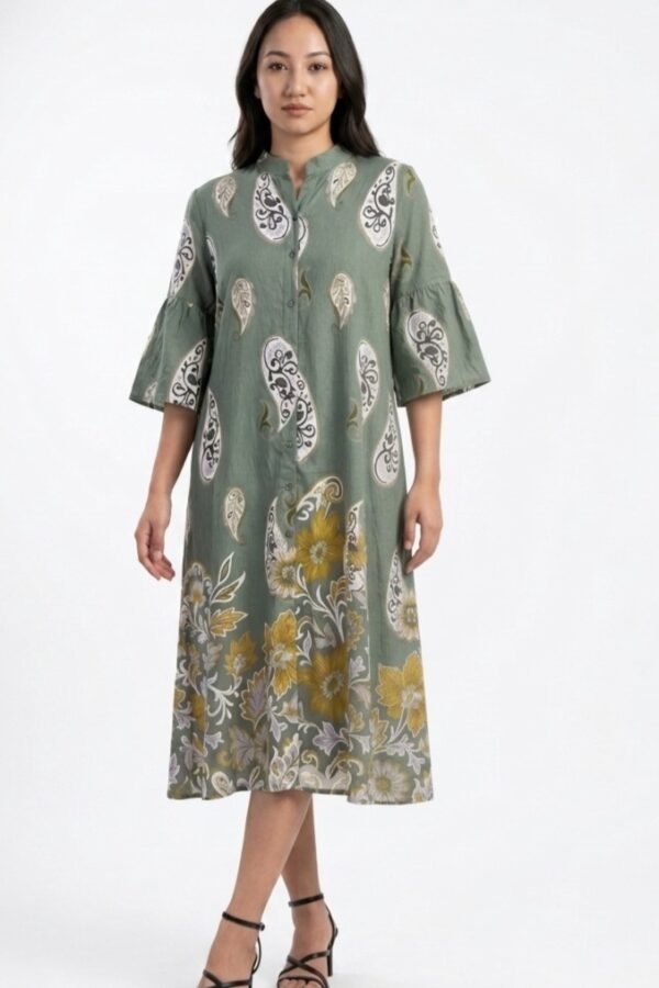 Sage Green Cotton Linen Paisley Shirt Dress